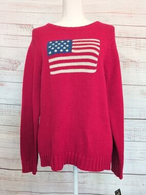 VTG American Flag Sweater M Red Ramie Cotton Knit 90s Americana Patriotic NWT